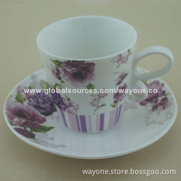New Shape Ceramic 6-set 90cc Coffee Cup & Saucer in Printed Gift Box, Flower in 6 Colors, Ideal Gift